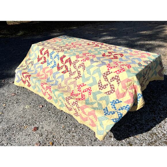 Vintage Crazy Ann Pinwheel Quilt 72x88 Gingham Cottage Farmhouse Grandmillenial - Picture 2 of 11